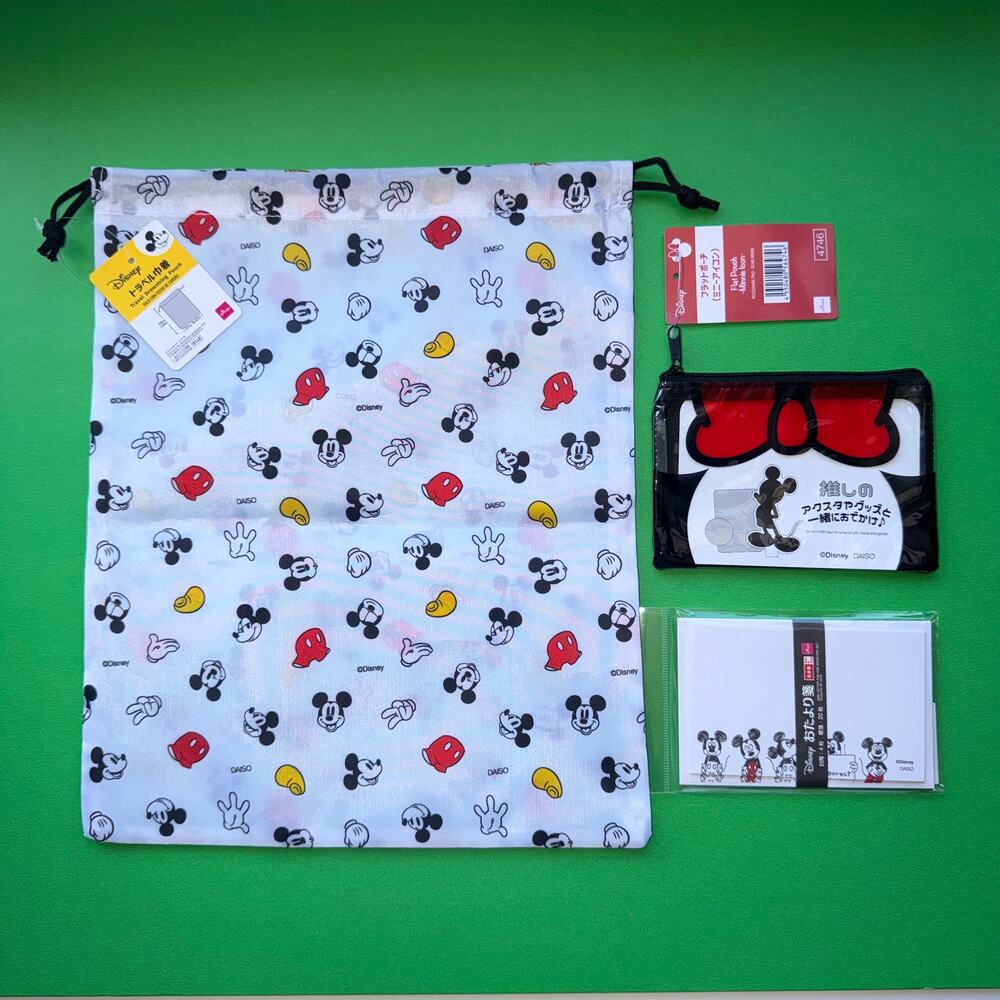 Disney Mickey Mouse Nylon Bag Minnie Bow Vinyl Wallet Pouch Stationery Set Japan
